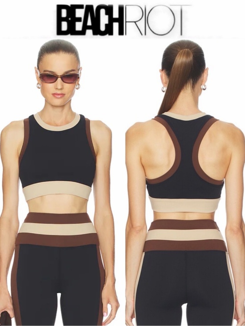 Beach Riot Gwen Colorblock Racerback Longline Sports Bra Black, Brown & Cream L
